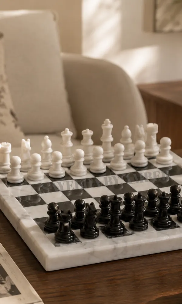 Shatranj marble chess set on a table