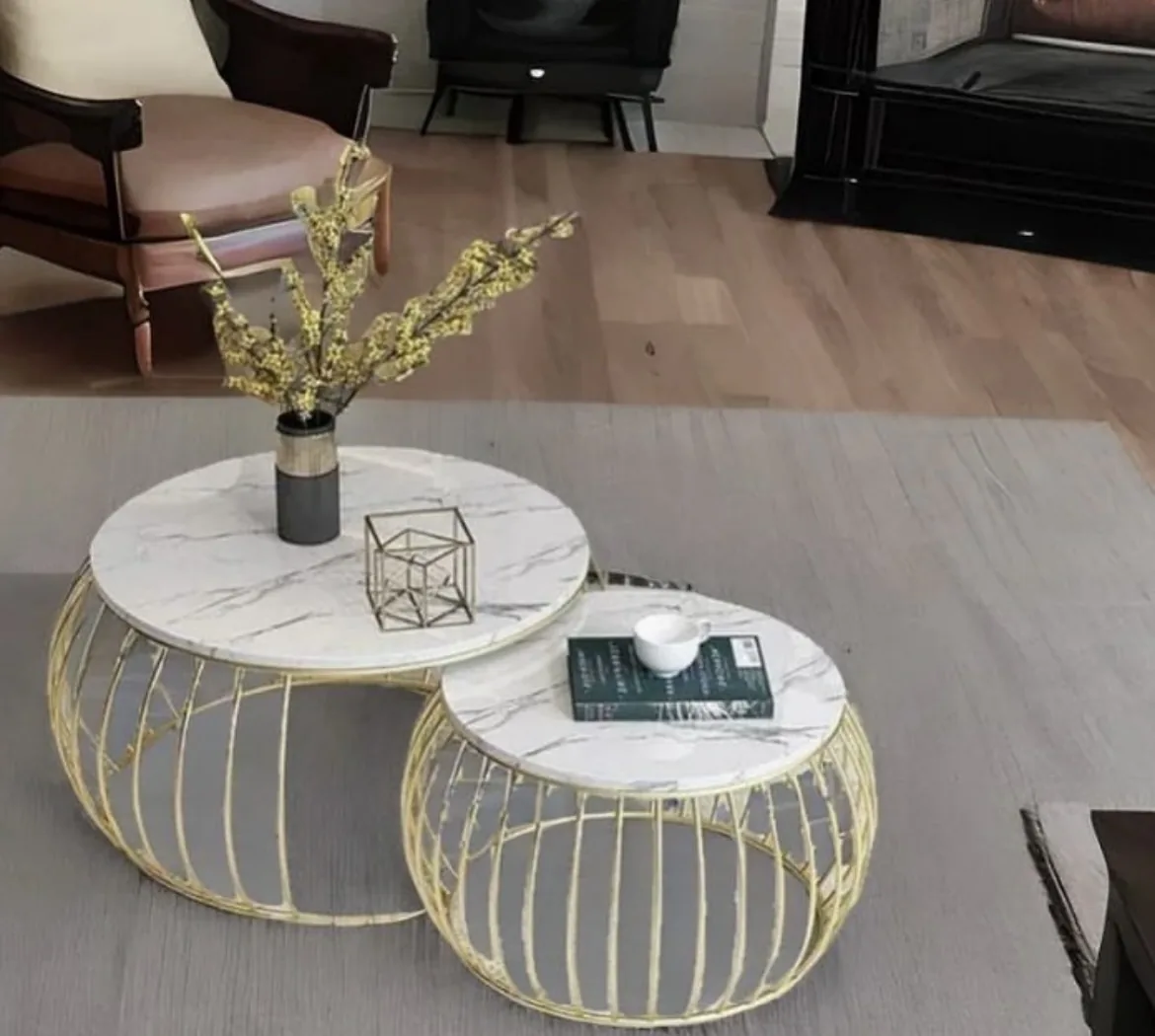 Aurum nesting marble coffee table set with gold metal frames