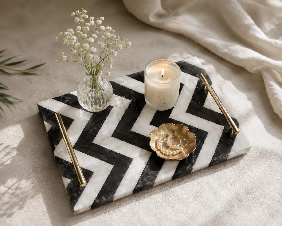 Chevron marble tray in black and white stone with brass handles