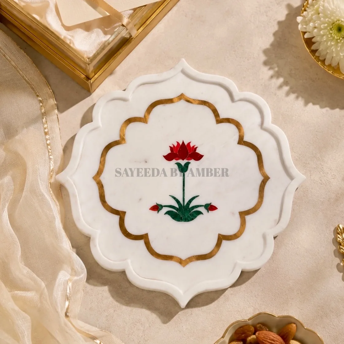 Nilofar inlay platter with a red flower in pietra dura