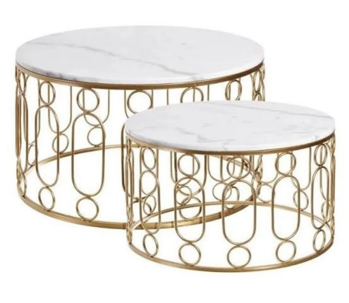 Oracle white marble nesting coffee tables with gold scroll bases